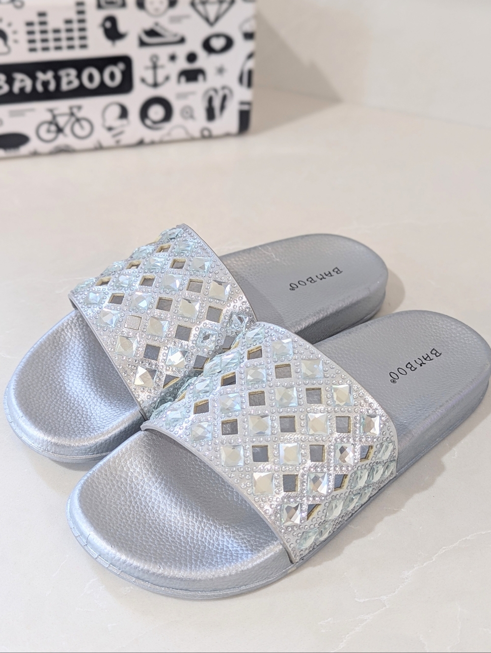 BAMBOO Silver Jeweled Slide Sandals